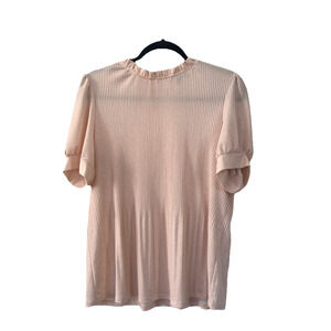 Adrianna Papell Blouse Ruffle Neck Puff Sleeve Swiss Dot Pink Chiffon SZ L